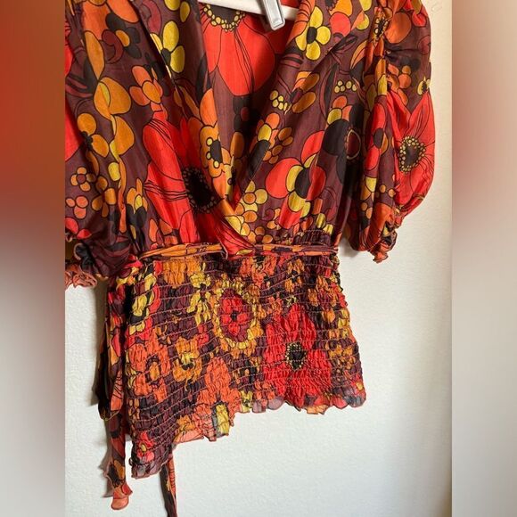 Vintage 80s Floral Silk Blouse Top Sz Small Puff‎ Sleeve Rust Orange Retro - Picture 5 of 6